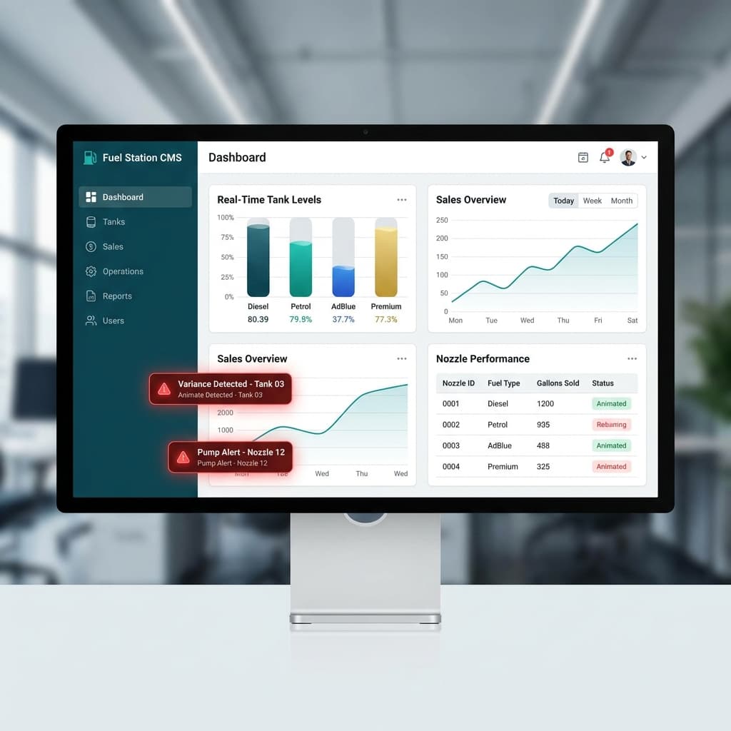 FuelStation CMS Dashboard showing real-time fuel metrics and sales analytics